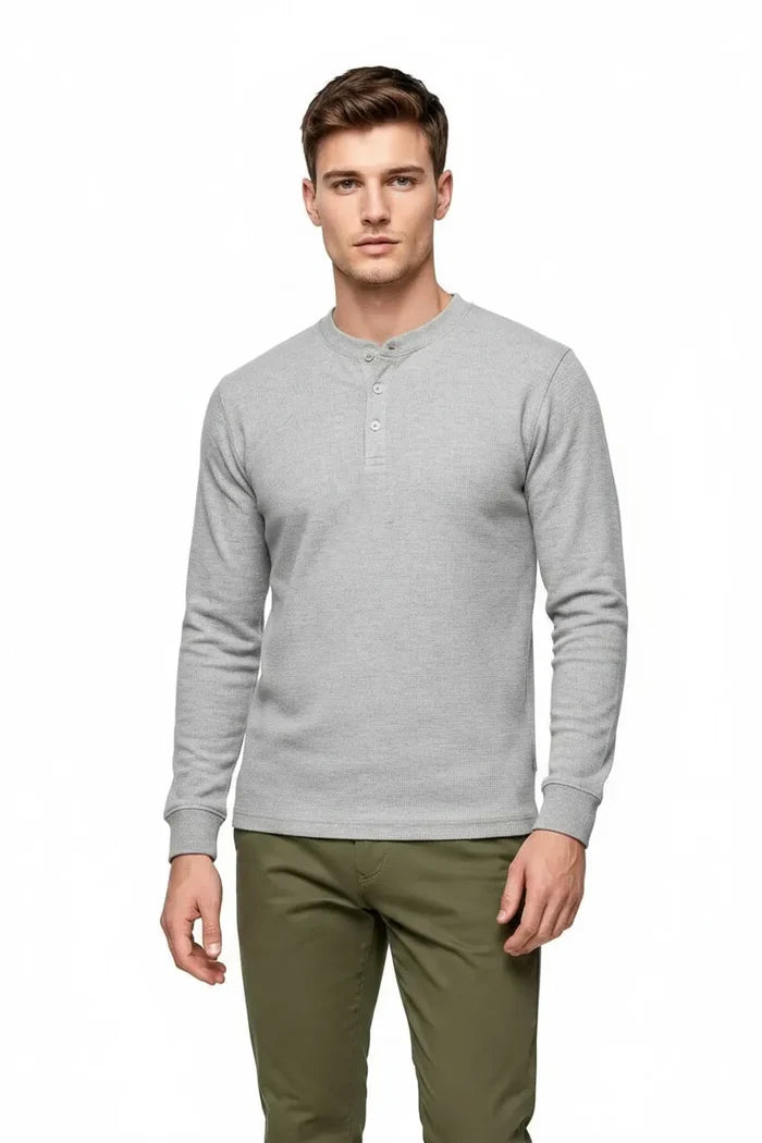 Men’s Linen Melange Seersucker Henley Collar Full-Sleeve Winter T-Shirt