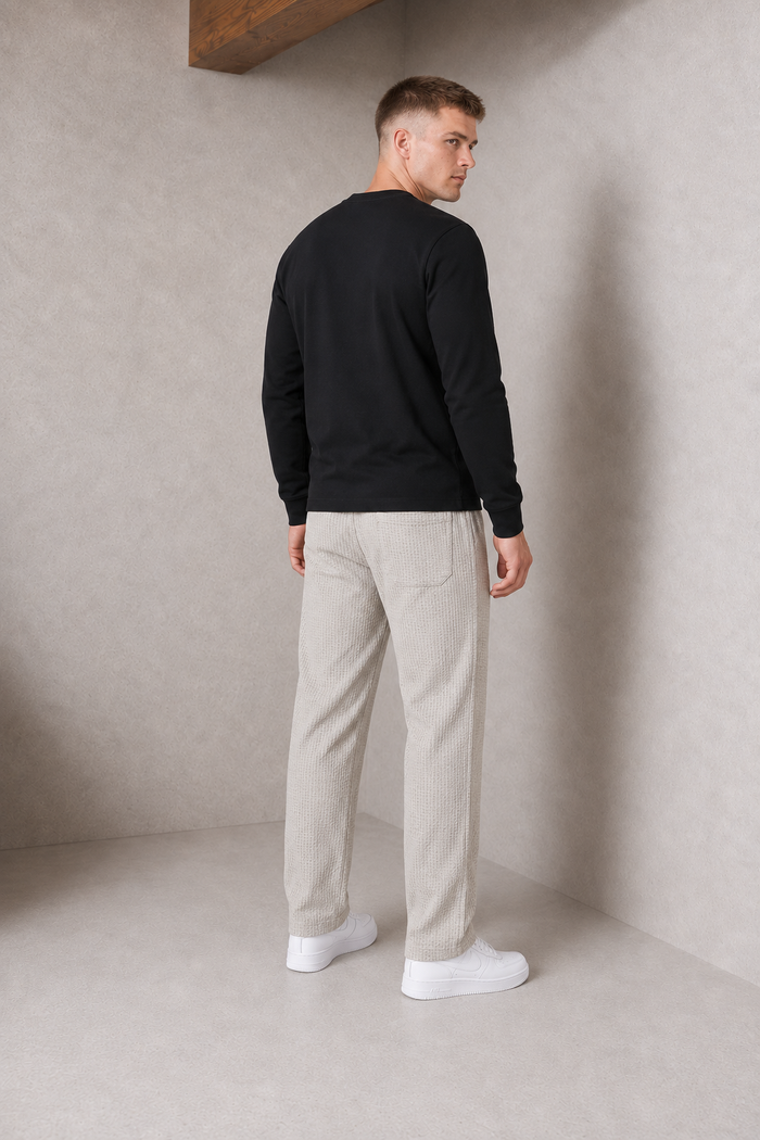 Men’s Linen Melange Seersucker Knitted Lower – Regular Fit Textured Casual Trousers