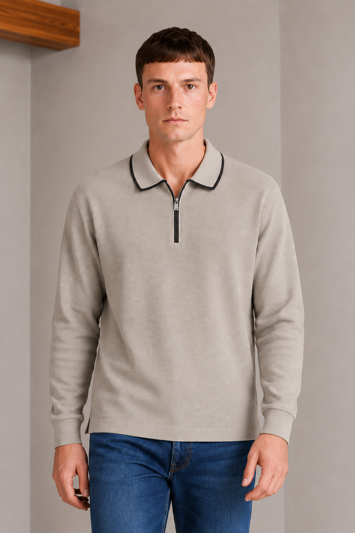 Men’s Mastic Popcorn Textured Pre-Winter Polo T-Shirt – Regular Fit Full Sleeve Half-Zip