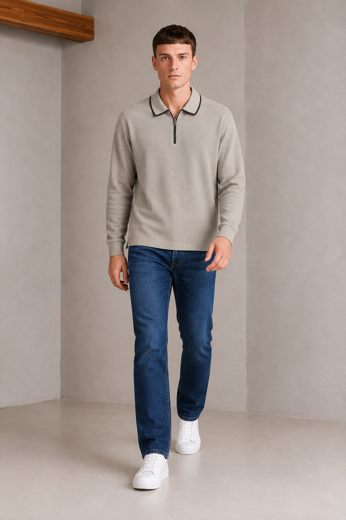 Men’s Mastic Popcorn Textured Pre-Winter Polo T-Shirt – Regular Fit Full Sleeve Half-Zip