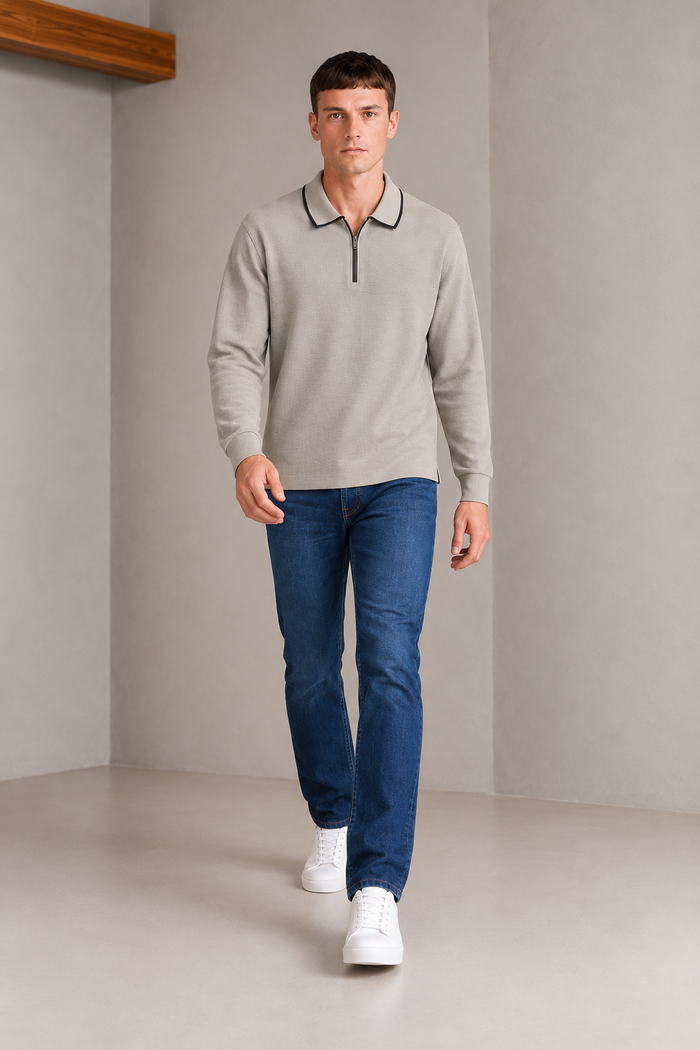 Men’s Mastic Popcorn Textured Pre-Winter Polo T-Shirt – Regular Fit Full Sleeve Half-Zip