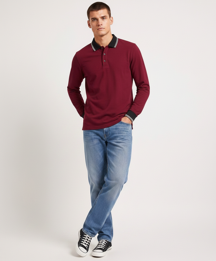 Men’s Merlot Full Sleeve Polo T-Shirt | Cotton Blend Lycra Stretch