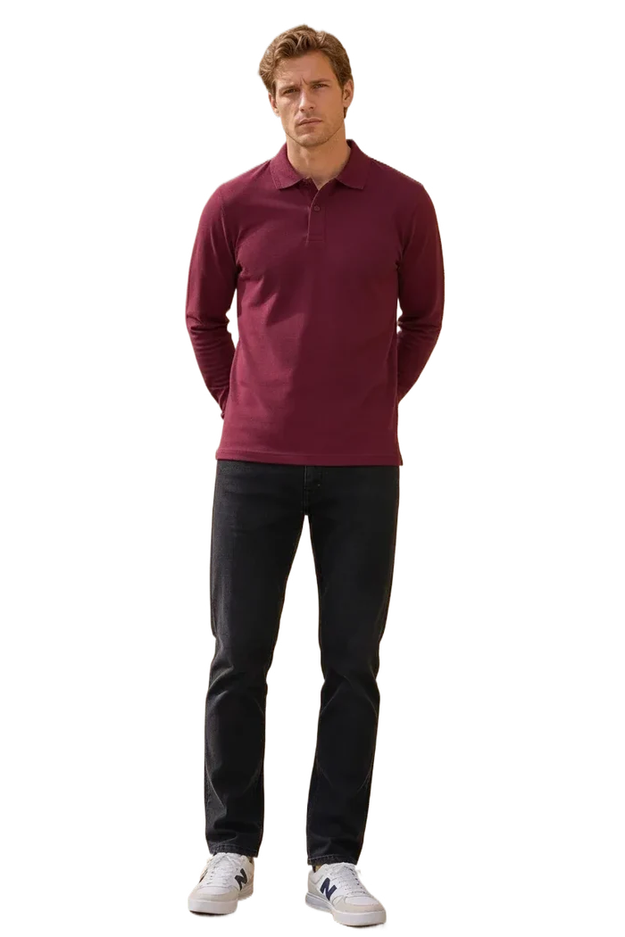 Men’s Merlot Pique Lycra Polo Neck Full-Sleeve Winter T-Shirt