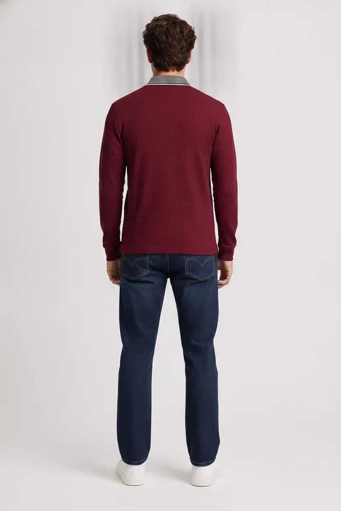 Men's Merlot Structured Cotton Half-Zip Polo T-Shirt | Full Sleeve Textured Pre-Winter