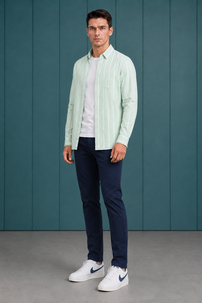 Men’s Mint Oxford Stripe Full Sleeve Shirt | Button-Down Collar Regular Fit