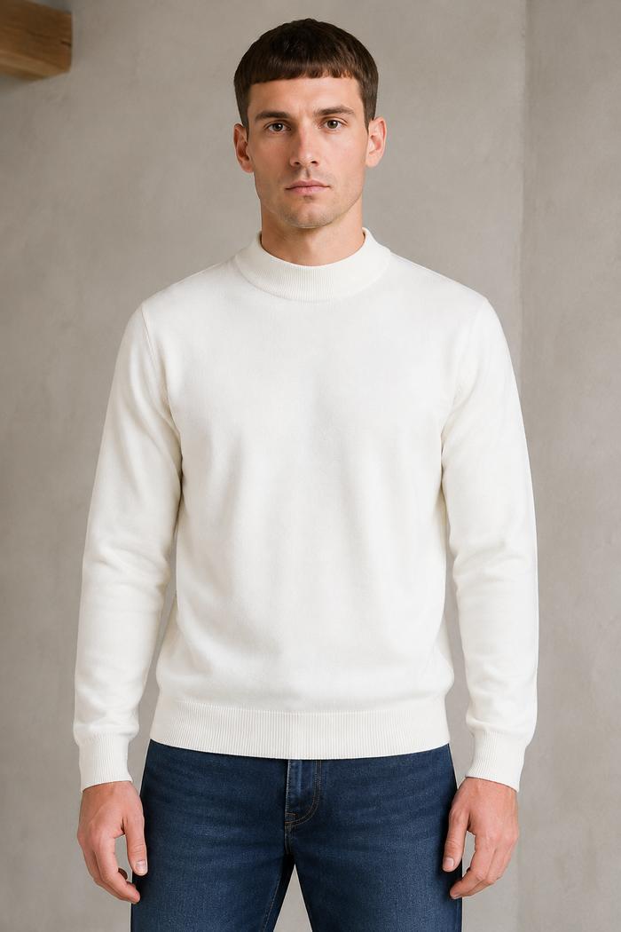 Men’s Off-White Mock Neck Sweater – Regular Fit Full Sleeve Winter Pullover