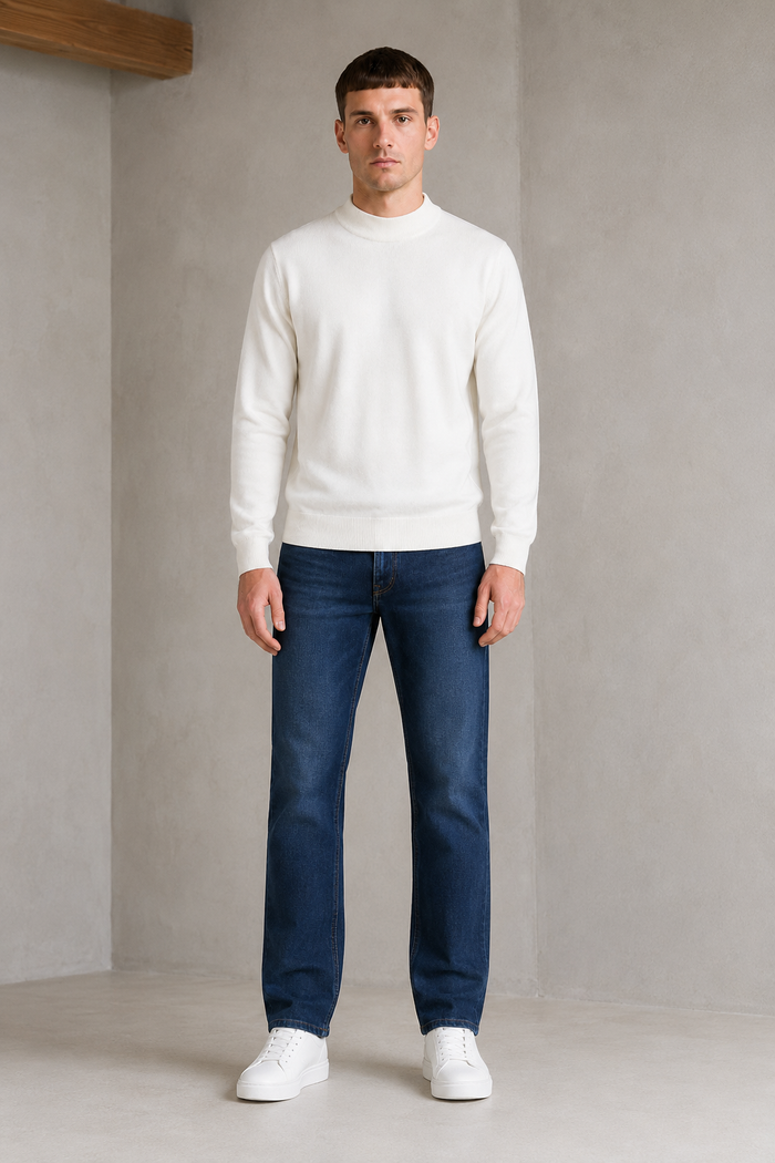 Men’s Off-White Mock Neck Sweater – Regular Fit Full Sleeve Winter Pullover