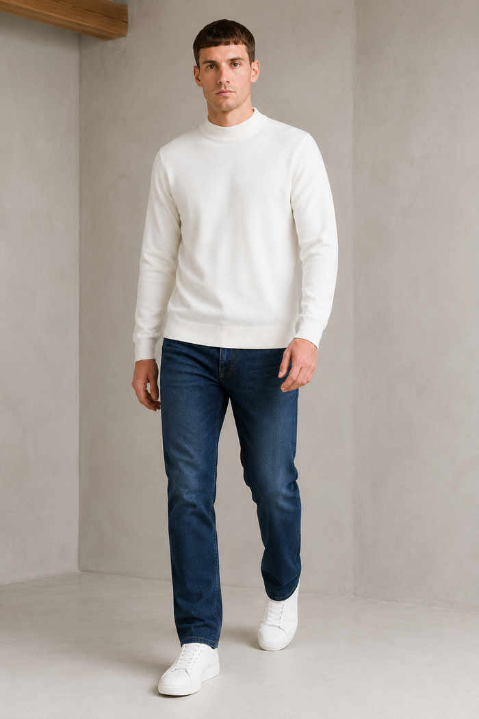 Men’s Off-White Mock Neck Sweater – Regular Fit Full Sleeve Winter Pullover