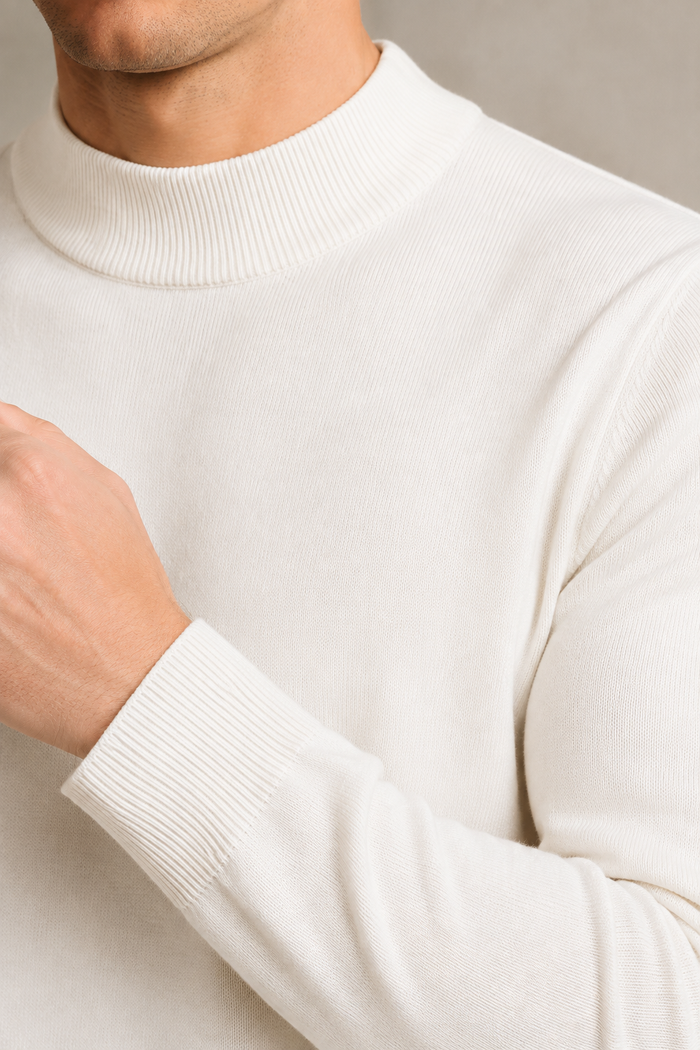 Men’s Off-White Mock Neck Sweater – Regular Fit Full Sleeve Winter Pullover