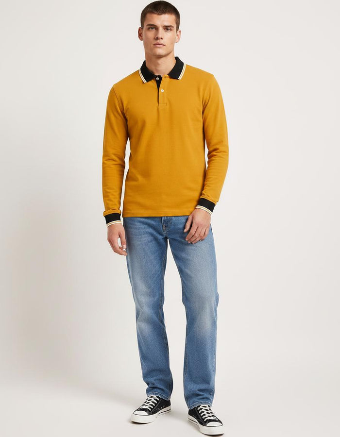 Men’s Mustard Full Sleeve Polo T-Shirt – Cotton Blend Lycra Stretch  | Contrast Collar