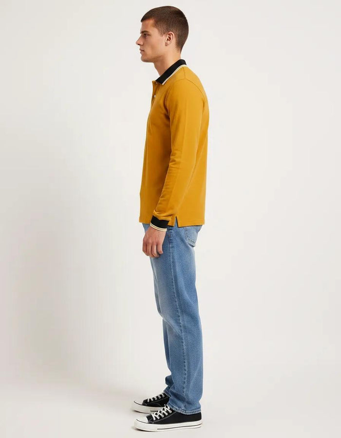 Men’s Mustard Full Sleeve Polo T-Shirt – Cotton Blend Lycra Stretch  | Contrast Collar