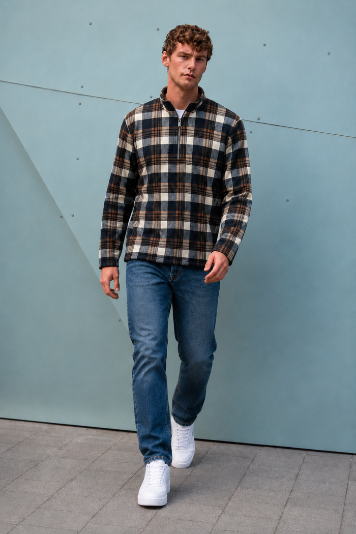 Men’s Navy Coral Bonded Check Sweatshirt – Regular Fit Half-Zip Winter Pullover