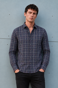 Men’s Navy Cotton Melange Check Full Sleeve Shirt | Regular Fit