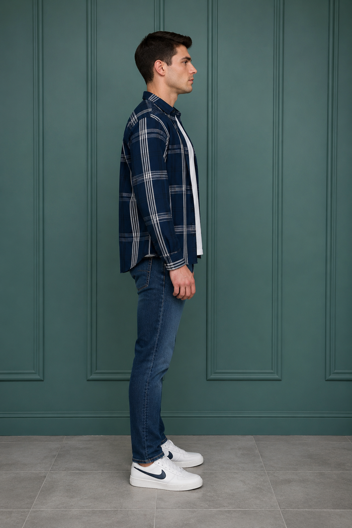 Men’s Navy Cotton Tencel Checked Full Sleeve Shirt | Regular Fit