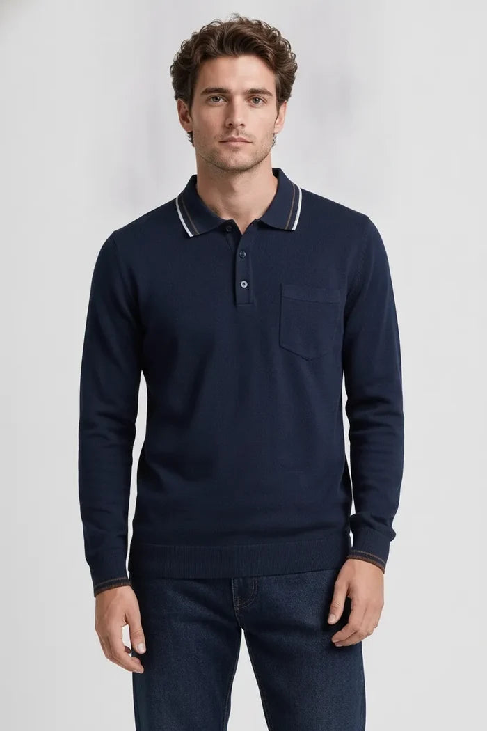 Men's Navy Full Sleeve Cotton Waffle Knit Polo T-Shirt | Textured