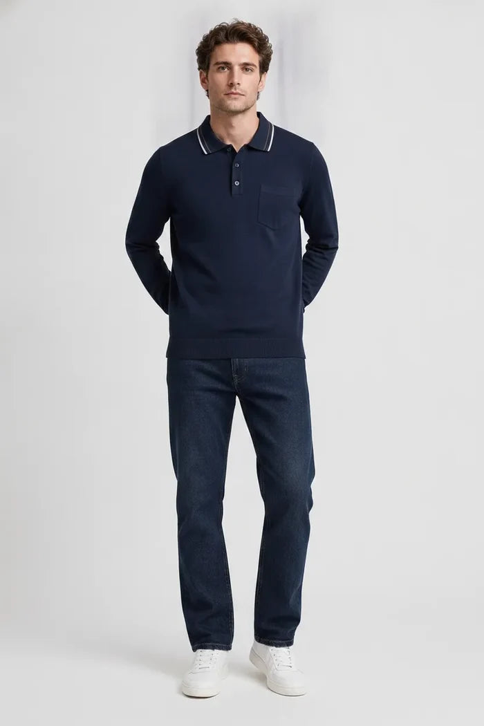 Men's Navy Full Sleeve Cotton Waffle Knit Polo T-Shirt | Textured