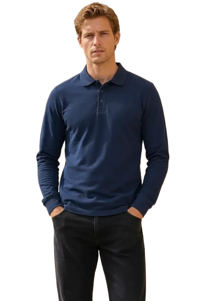 Men’s Navy Pique Lycra Polo Neck Full-Sleeve Winter T-Shirt