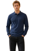 Men’s Navy Pique Lycra Polo Neck Full-Sleeve Winter T-Shirt