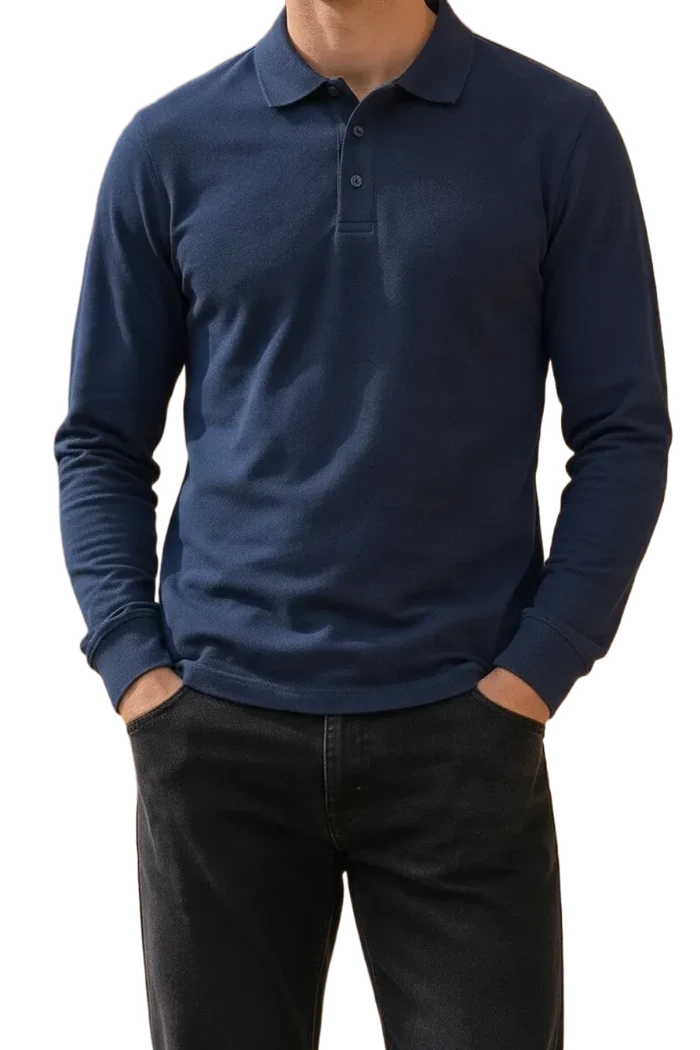Men’s Navy Pique Lycra Polo Neck Full-Sleeve Winter T-Shirt