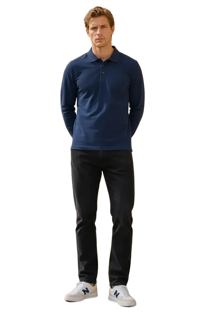 Men’s Navy Pique Lycra Polo Neck Full-Sleeve Winter T-Shirt