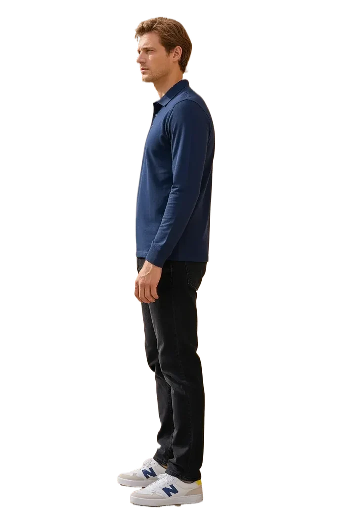 Men’s Navy Pique Lycra Polo Neck Full-Sleeve Winter T-Shirt