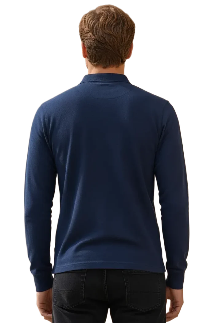 Men’s Navy Pique Lycra Polo Neck Full-Sleeve Winter T-Shirt