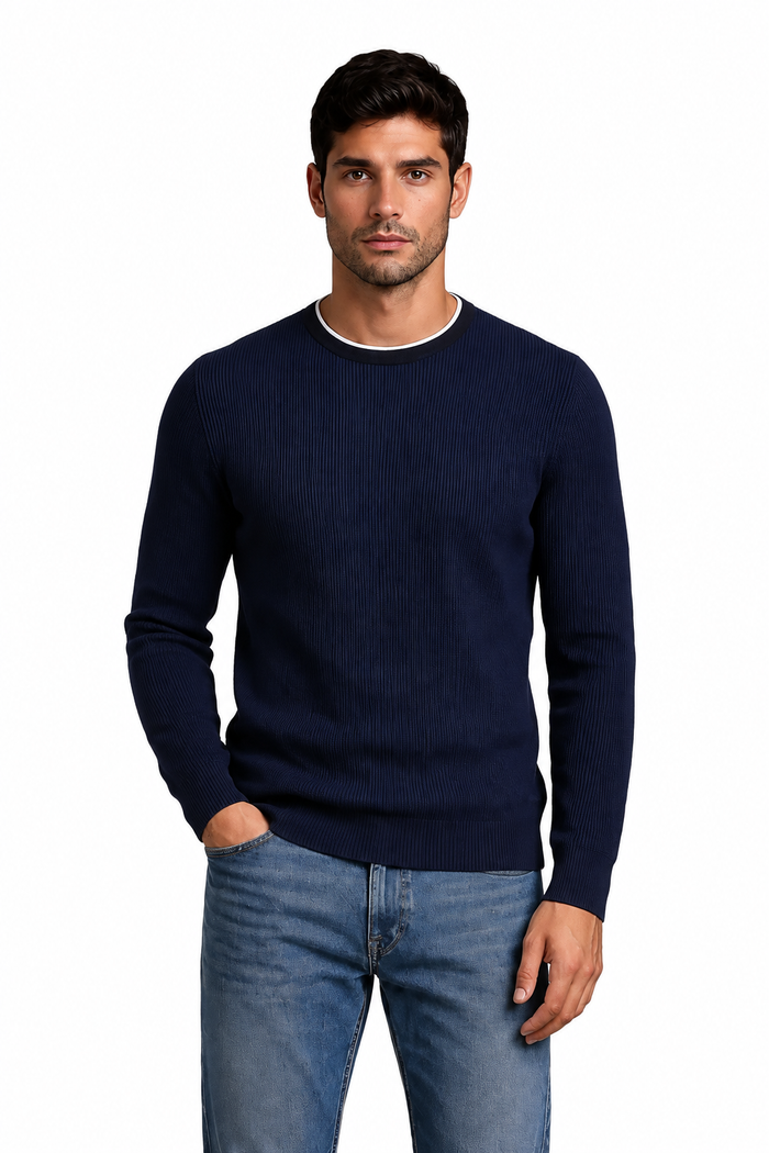 Men’s Navy Structured Cotton Round-Neck Full-Sleeve Winter Top