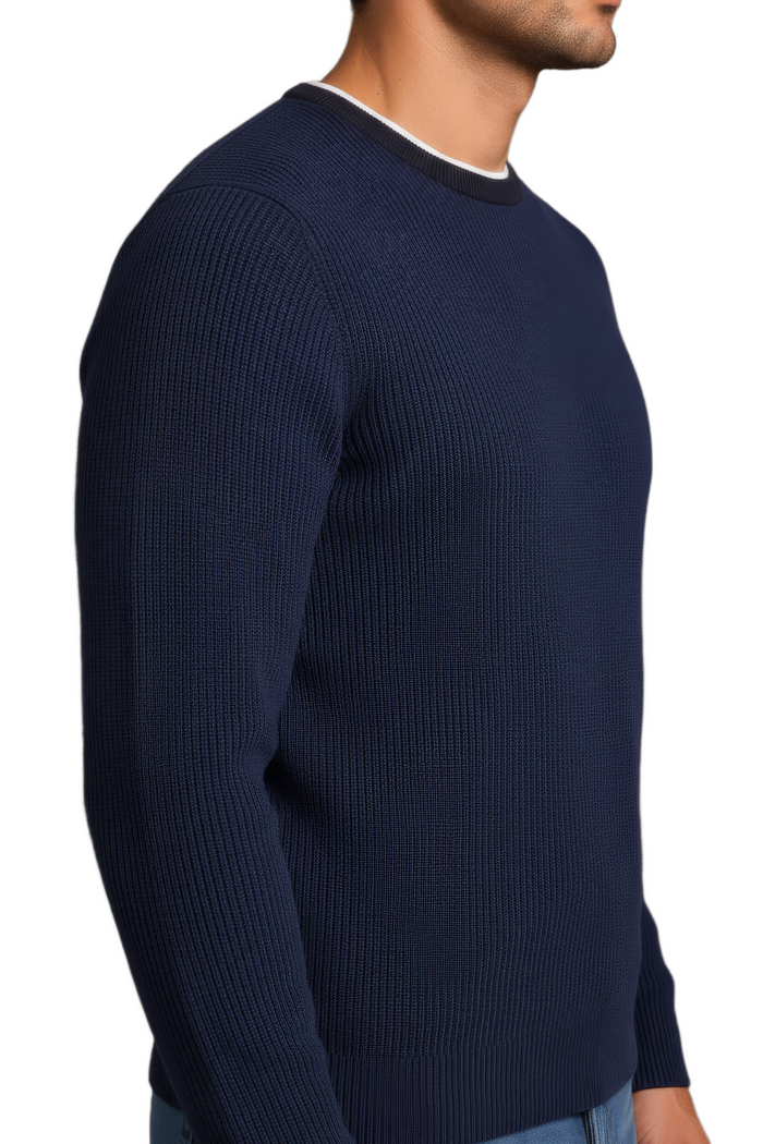 Men’s Navy Structured Cotton Round-Neck Full-Sleeve Winter Top
