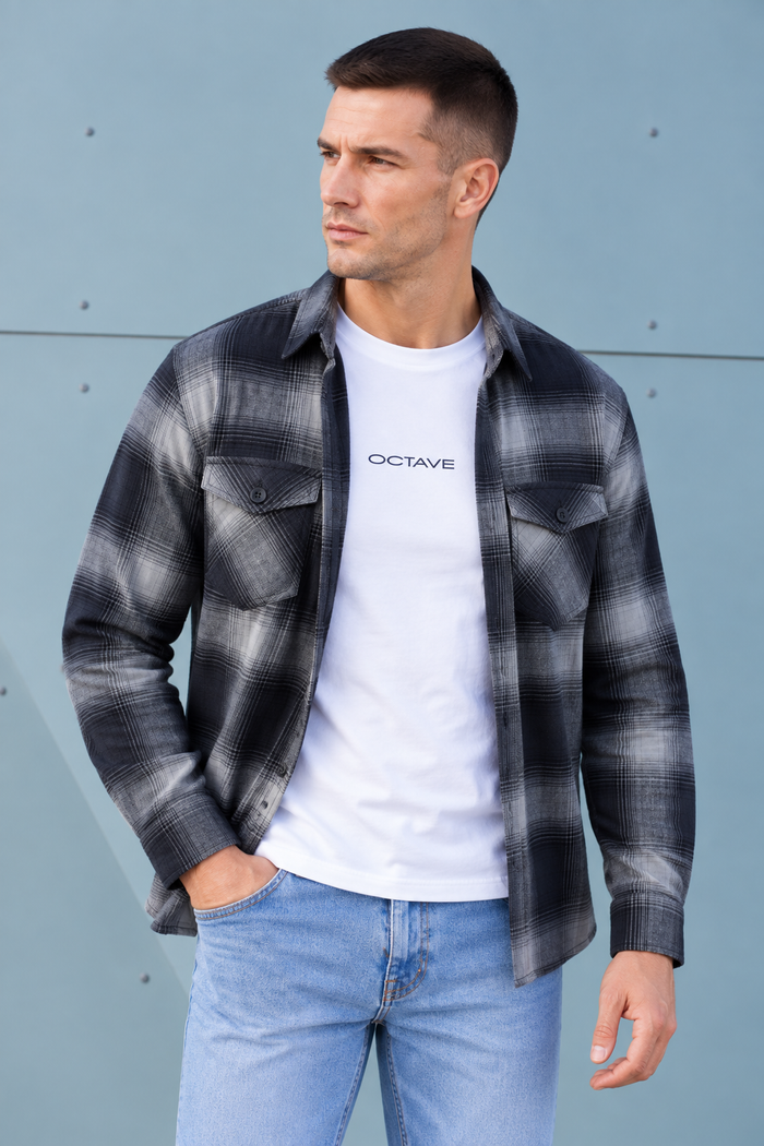 Men’s Navy Twill Check Shirt – Regular Fit Full Sleeve Casual Shirt