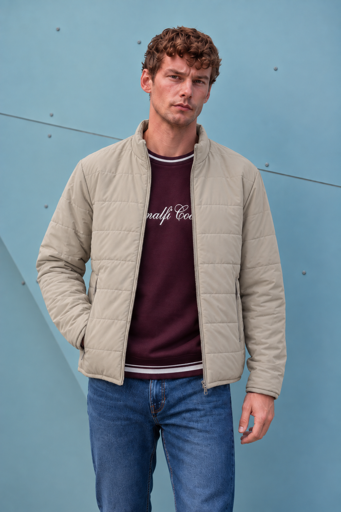 Men’s Nylon Reversible Puffer Jacket – Mastic & Sand Regular Fit Full-Zip Winter Jacket
