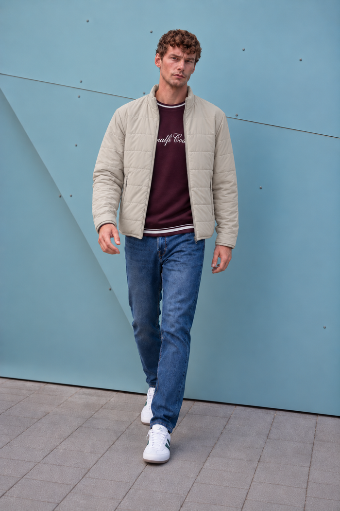Men’s Nylon Reversible Puffer Jacket – Mastic & Sand Regular Fit Full-Zip Winter Jacket