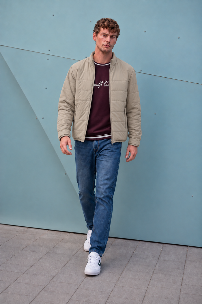 Men’s Nylon Reversible Puffer Jacket – Mastic & Sand Regular Fit Full-Zip Winter Jacket