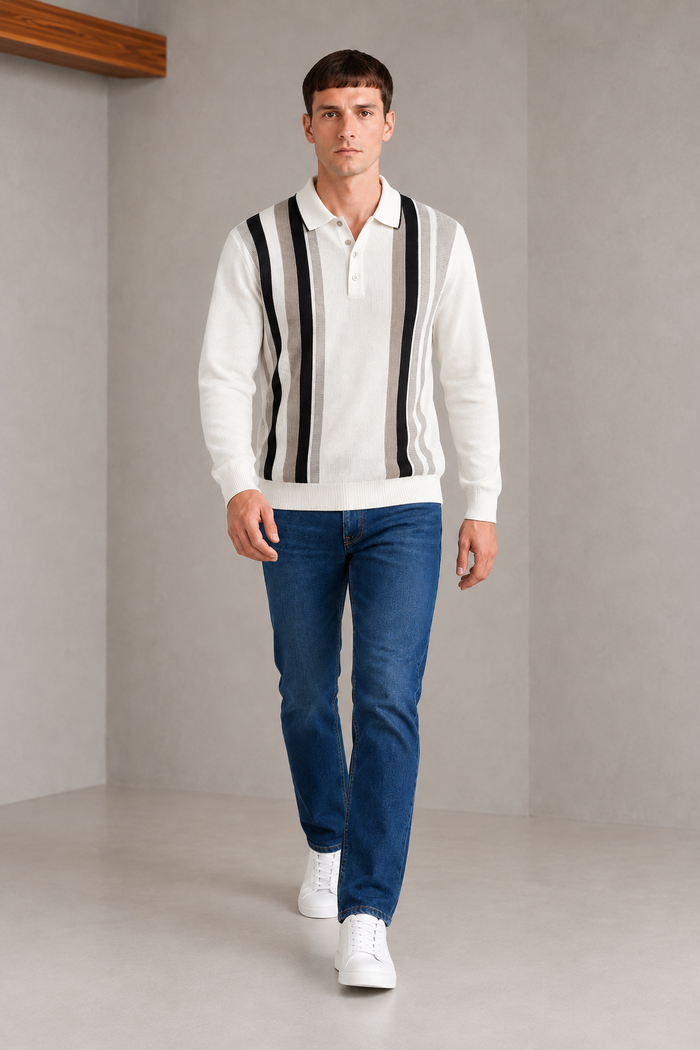 Men’s Off White Cotton Knitted Polo Sweater – Regular Fit Striped Full Sleeve Pullover