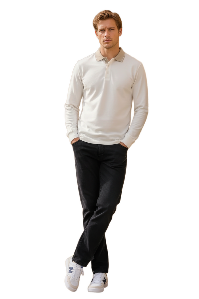 Men’s OFF WHITE  Full Sleeve Polo T-Shirt – Cotton Blend Lycra Stretch  | Contrast Collar