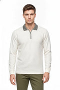 Men's Off White Structured Cotton Half-Zip Polo T-Shirt | Full Sleeve Textured Pre-Winter