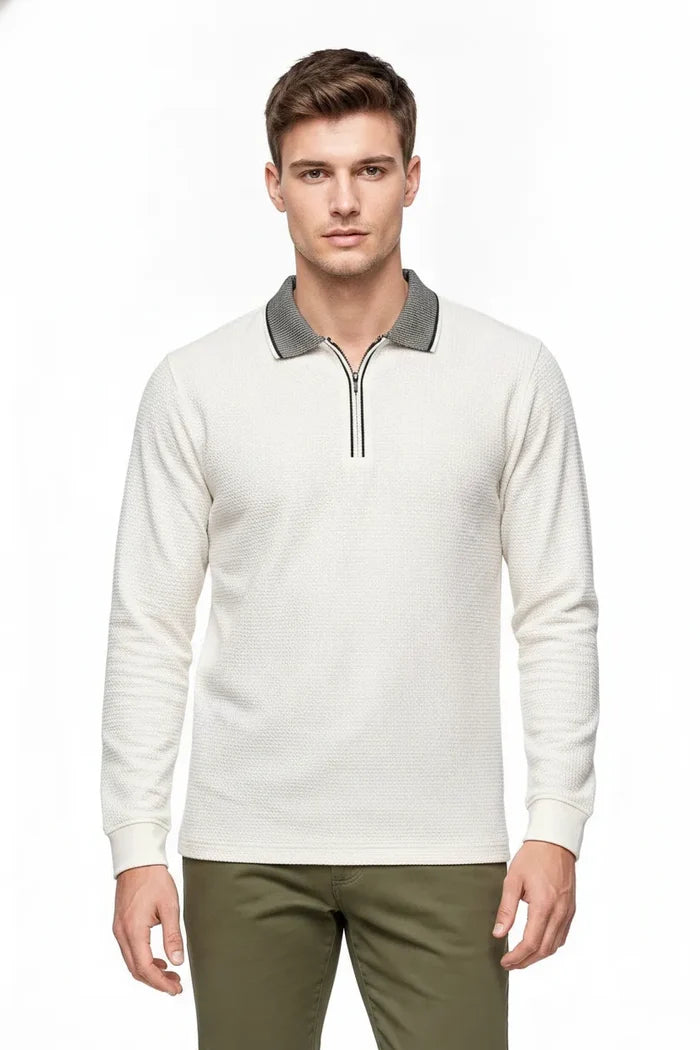 Men's Off White Structured Cotton Half-Zip Polo T-Shirt | Full Sleeve Textured Pre-Winter