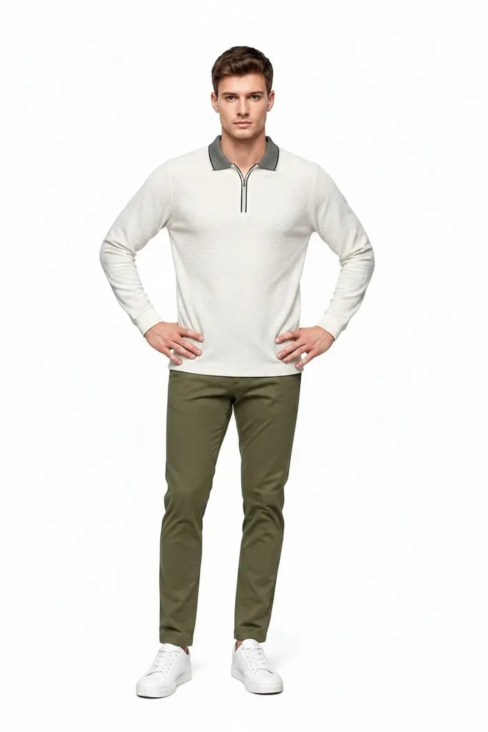 Men's Off White Structured Cotton Half-Zip Polo T-Shirt | Full Sleeve Textured Pre-Winter