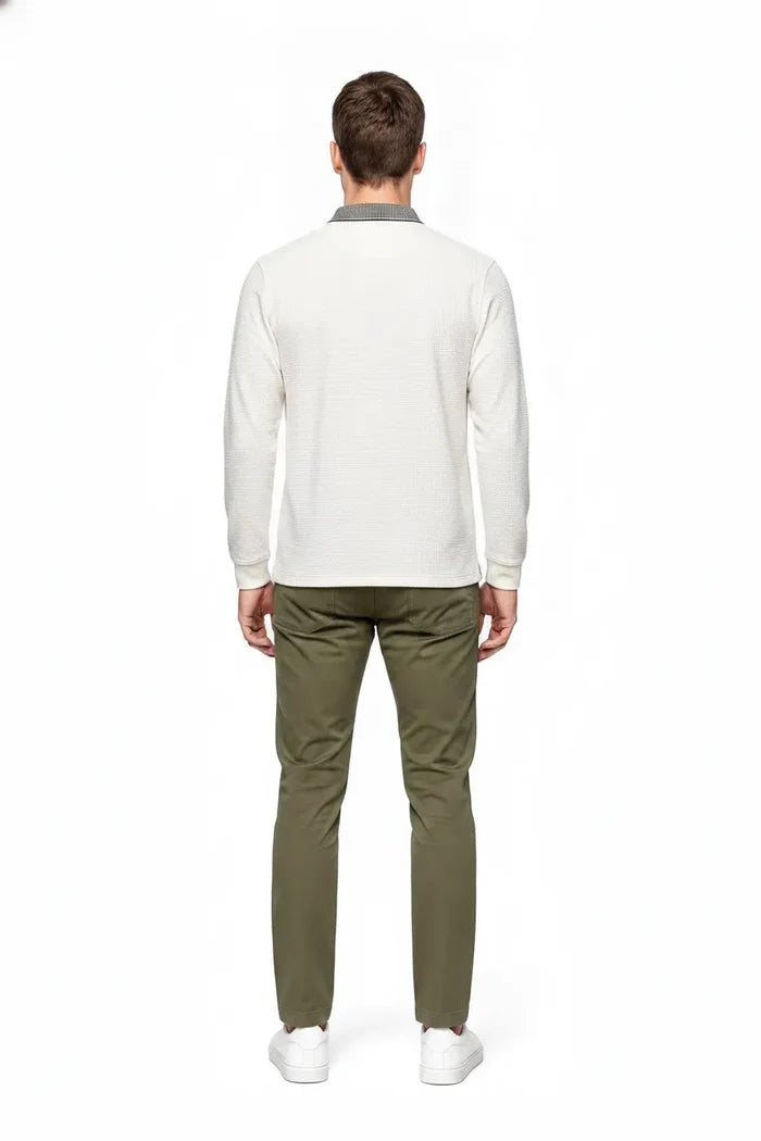 Men's Off White Structured Cotton Half-Zip Polo T-Shirt | Full Sleeve Textured Pre-Winter