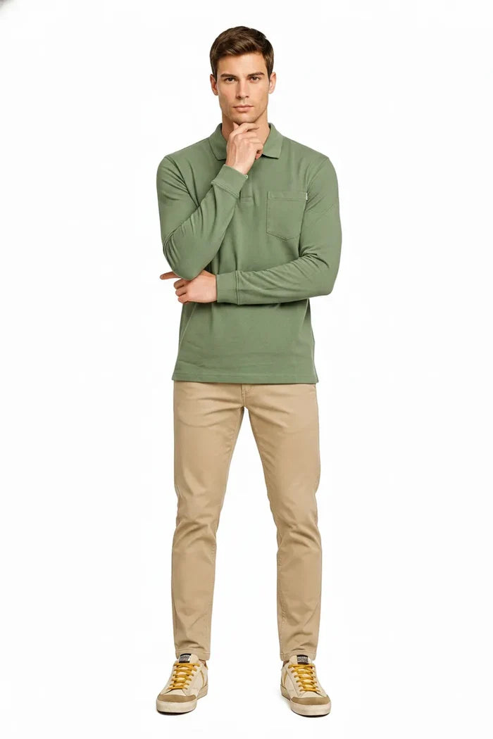 Men's Oil Green Full Sleeve Cotton Pique Polo T-Shirt | Premium Pre-Winter Casual Polo