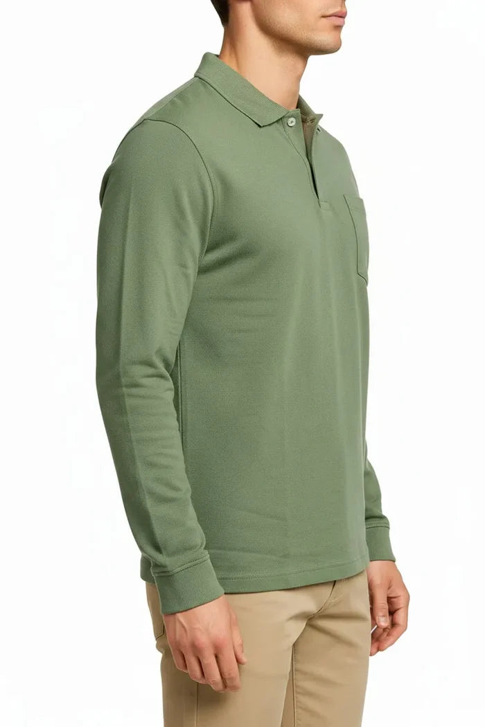 Men's Oil Green Full Sleeve Cotton Pique Polo T-Shirt | Premium Pre-Winter Casual Polo