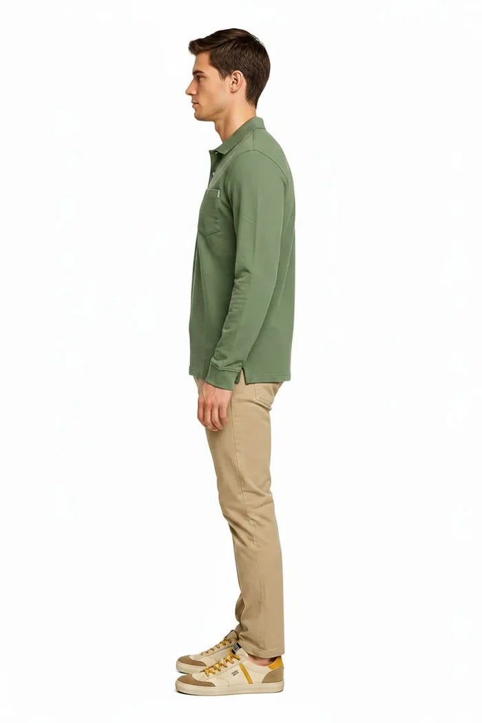 Men's Oil Green Full Sleeve Cotton Pique Polo T-Shirt | Premium Pre-Winter Casual Polo