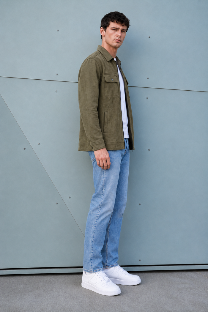Men’s Olive Knitted Suede Winter Shacket – Full Zip Regular Fit