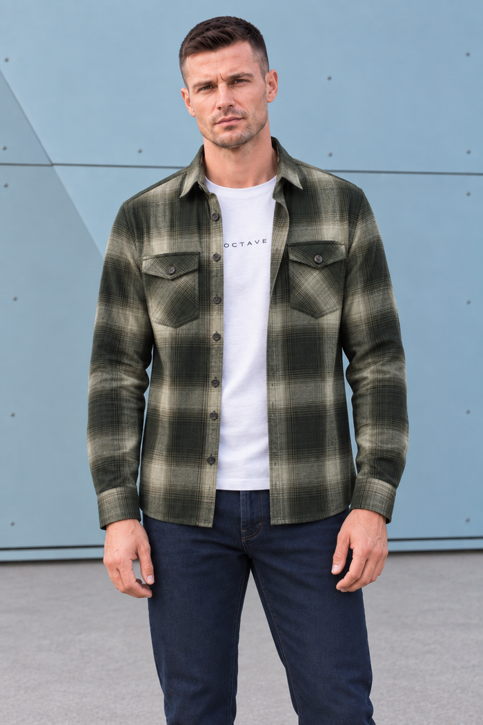 Men’s Olive Twill Check Shirt – Regular Fit Full Sleeve Casual Shirt