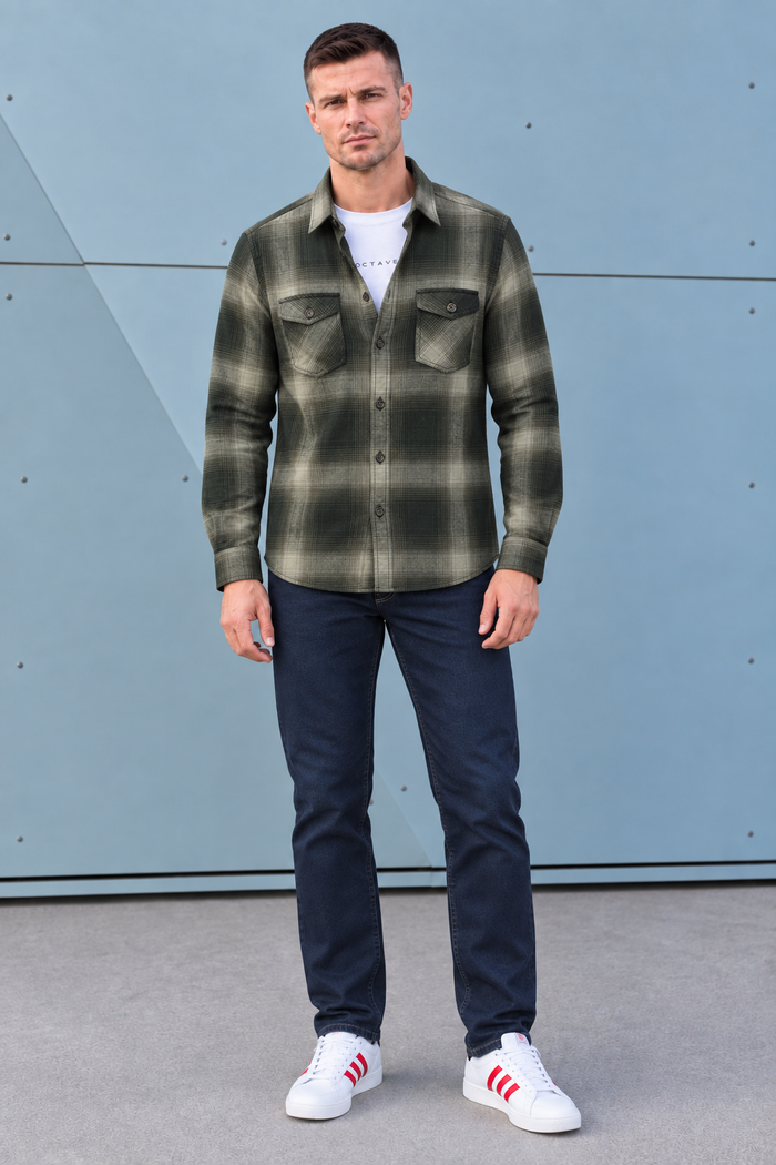 Men’s Olive Twill Check Shirt – Regular Fit Full Sleeve Casual Shirt
