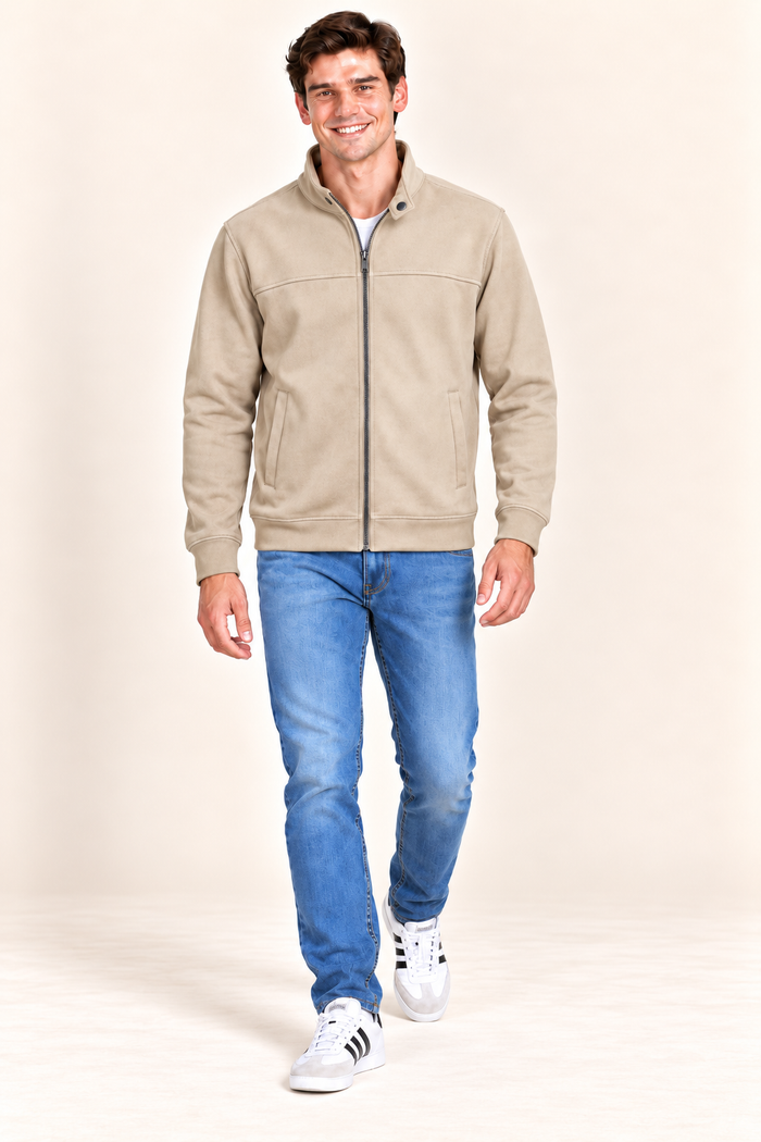 Men’s Onyx Knitted Suede Full-Zip Sweatshirt – Regular Fit Stand Collar Winter Sweatshirt