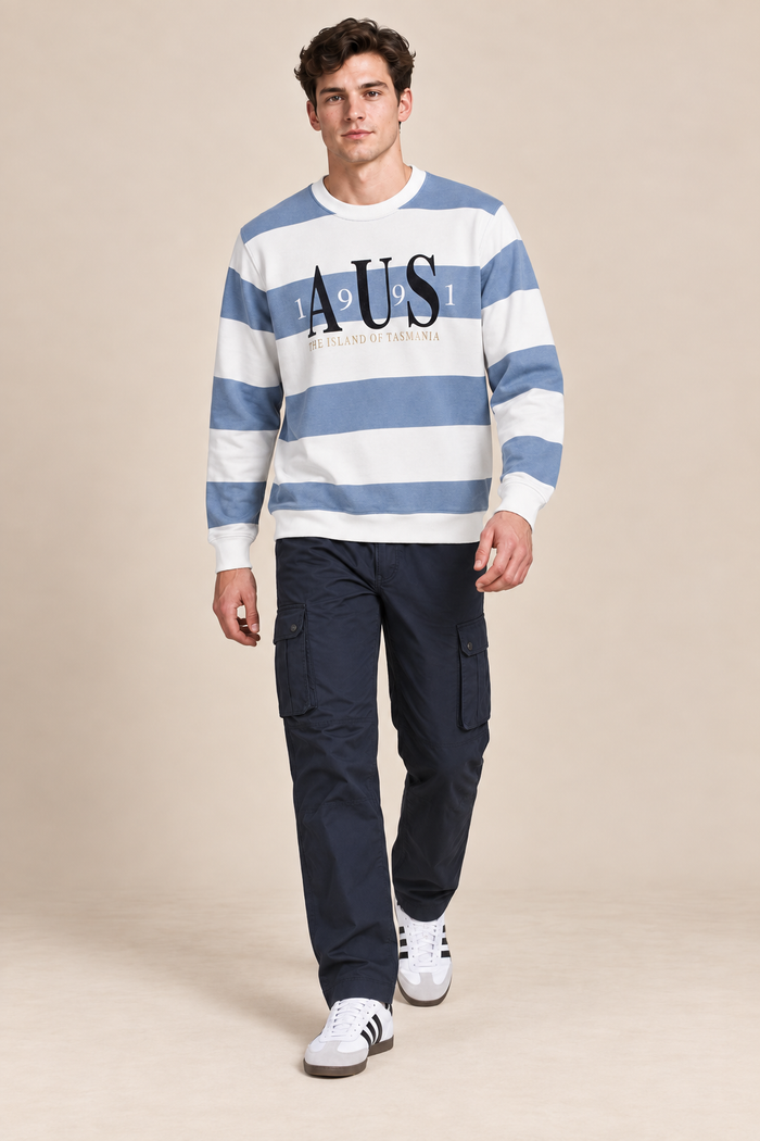 Men’s Oxford Blue Cotton Blend Graphic Sweatshirt – Regular Fit Crew Neck