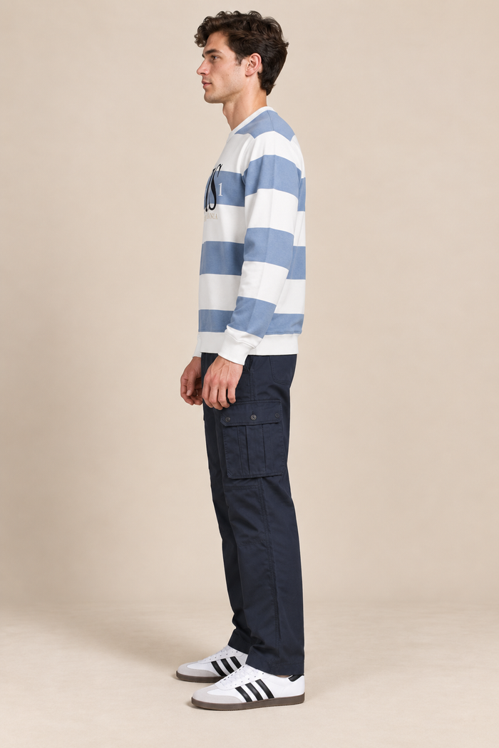 Men’s Oxford Blue Cotton Blend Graphic Sweatshirt – Regular Fit Crew Neck