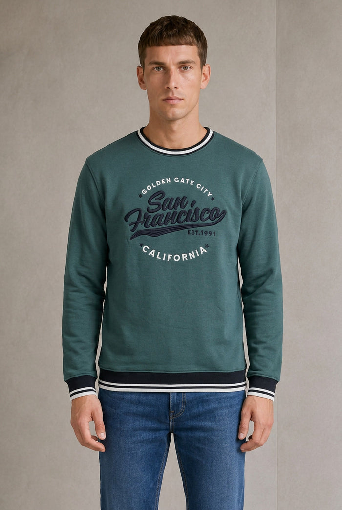Men’s Pine Green Cotton Brushed Fleece Graphic Sweatshirt – Regular Fit