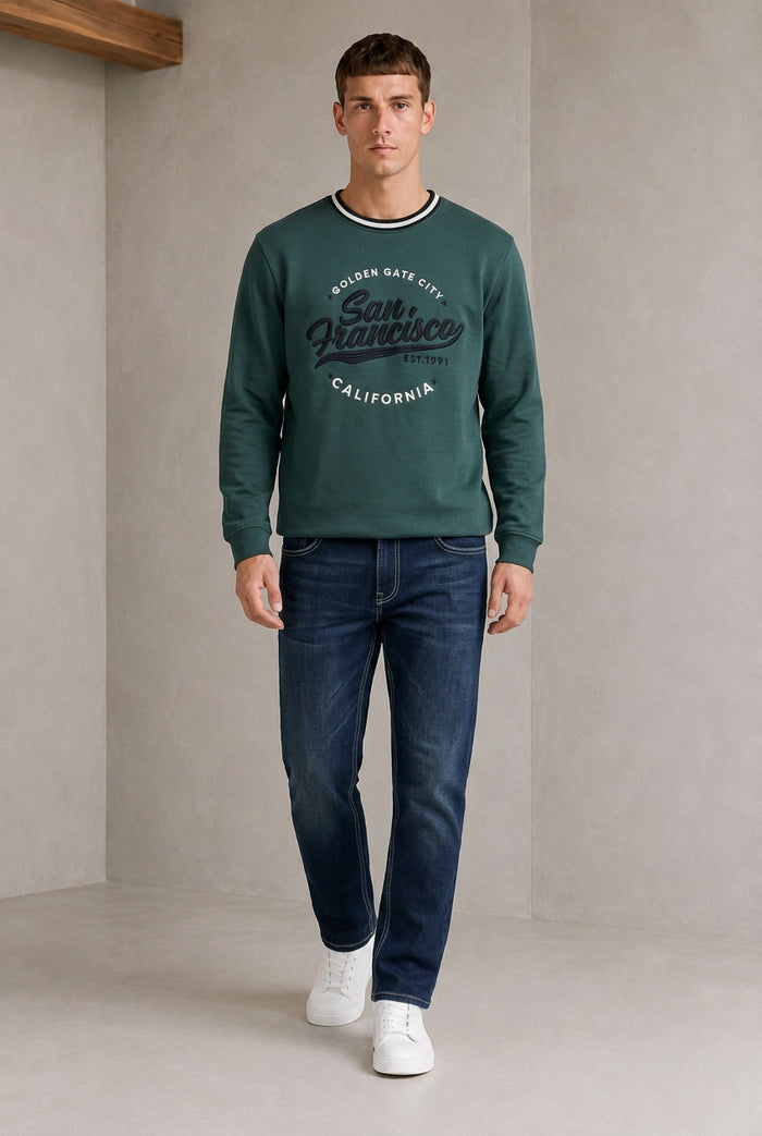 Men’s Pine Green Cotton Brushed Fleece Graphic Sweatshirt – Regular Fit