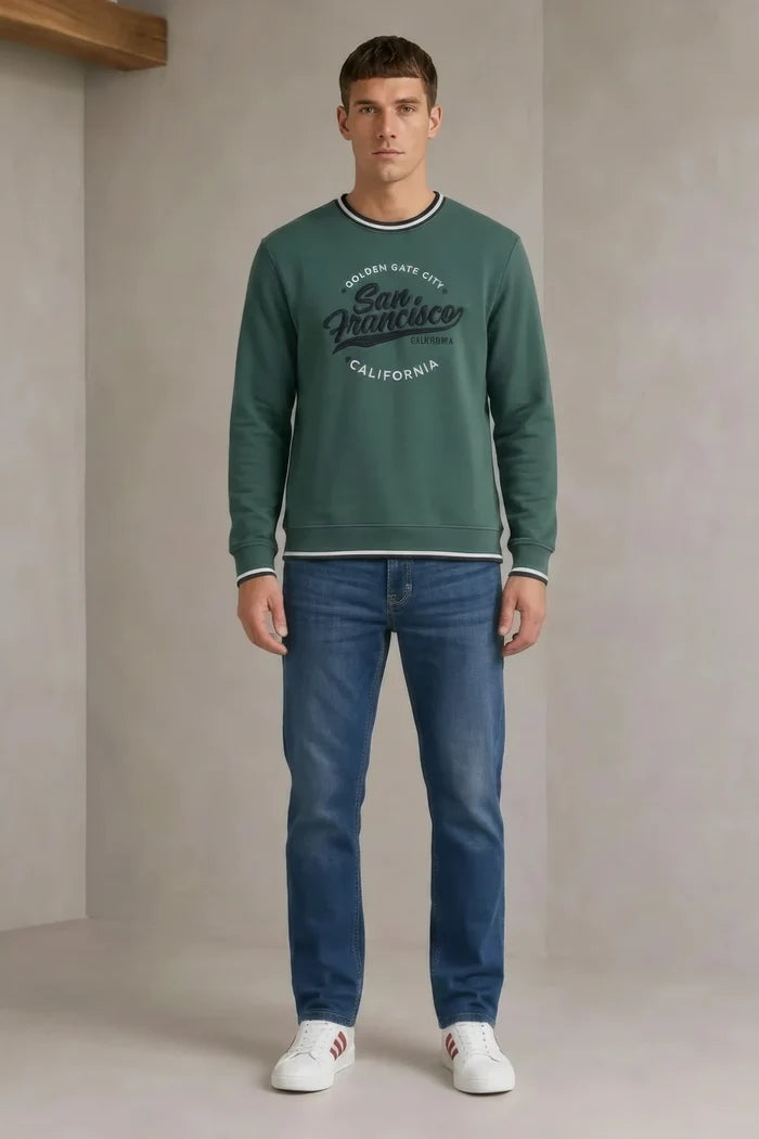 Men’s Pine Green Cotton Brushed Fleece Graphic Sweatshirt – Regular Fit